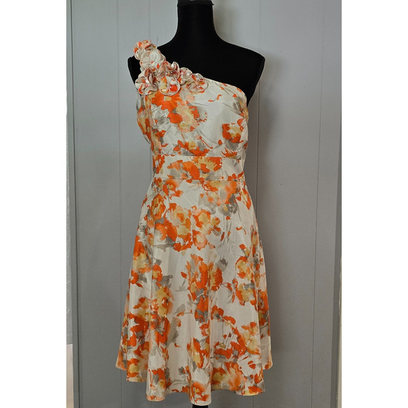 Tahari Arthur S. Levine Floral One‎ Shoulder Dress Orange White Fit & Flare Sz 8 - Picture 2 of 11